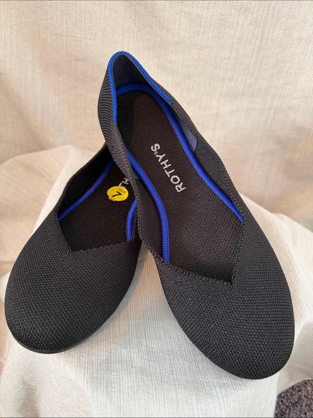 Rothy's Black Knit Slip-On Flats with Blue Trim Size 7